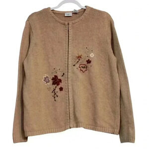 Vintage 90s Full Zip Sweater Jacket Size Large Ramie Knit Embroidered Leaf Fall